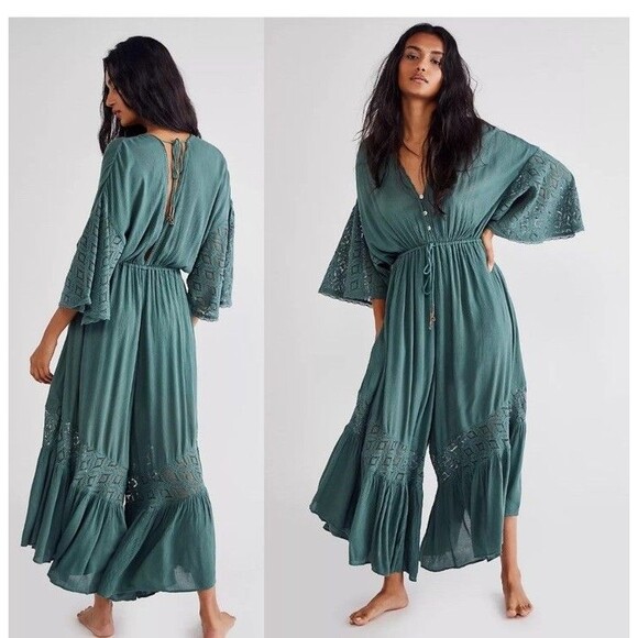 Free People Angela Jumpsuit Sz Small Wide Leg Green Boho Lace Ruffle Festival - Picture 1 of 16